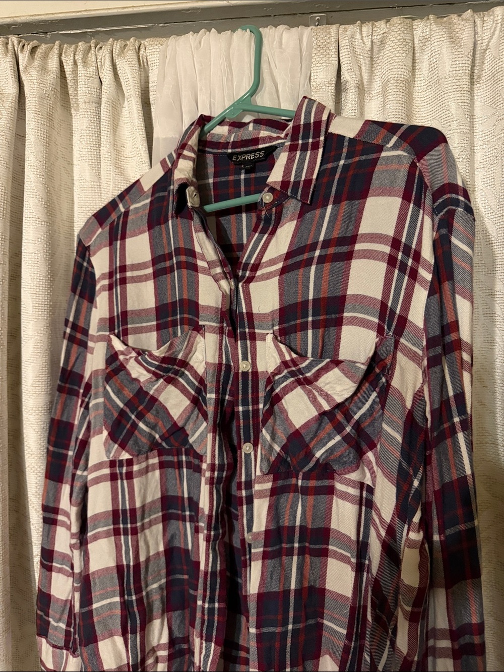 Express Burgundy, Navy & Cream Plaid Button-Up Shirt